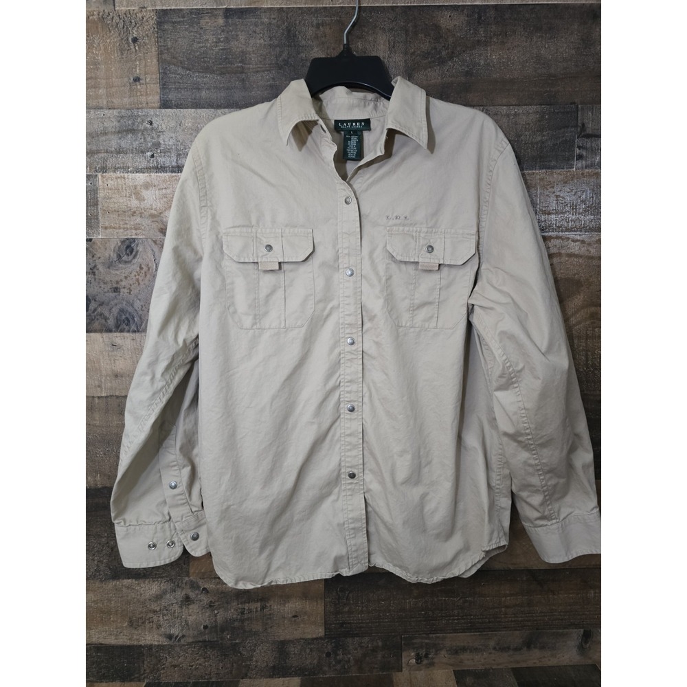 Lauren Ralph Lauren Khaki Cotton Long Sleeve  Top Women Large Preppy Gorpcore